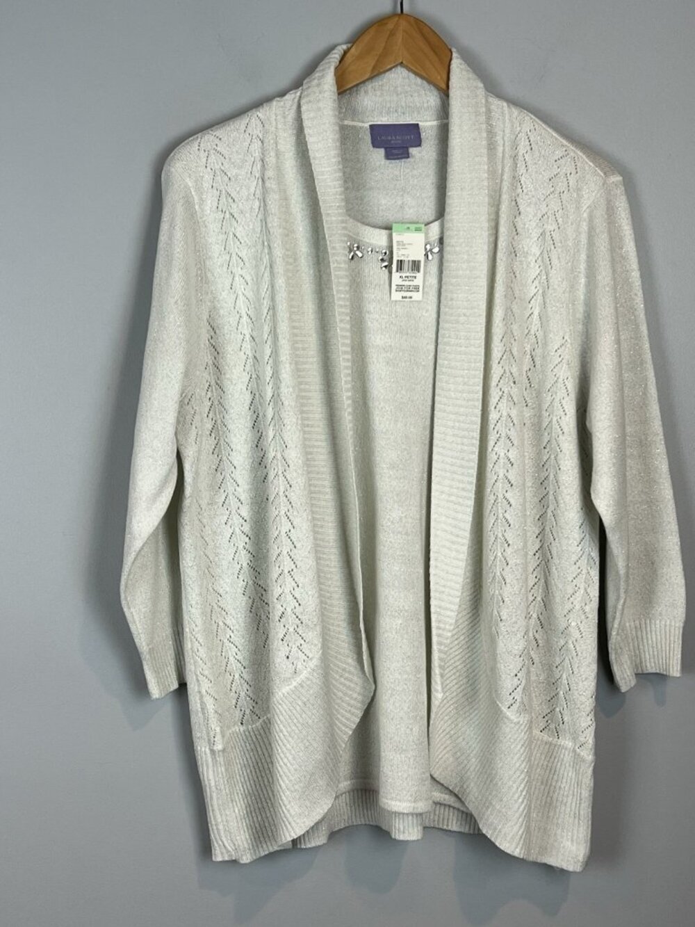 Laura Scott Twofer Sweater Womens Size XL Petite Snow White Silver Embellish NWT